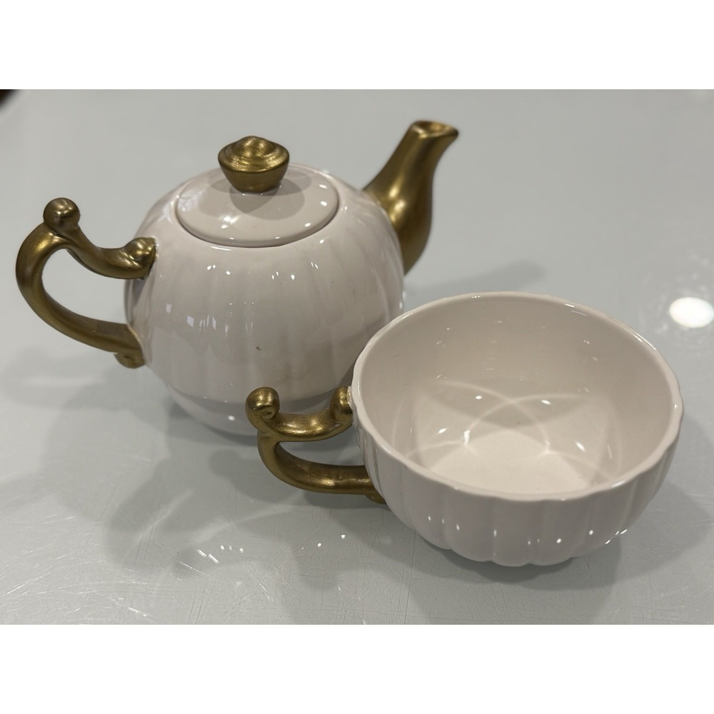 Pier 1 Imports Grace Tea For One White And Gold Trim Replace Teapot and Cup EUC